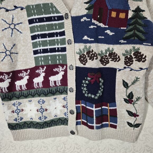 VTG Nutcracker Cardigan Sweater sz L Beige Multi Cabincore Cottagecore Holiday - Picture 3 of 14